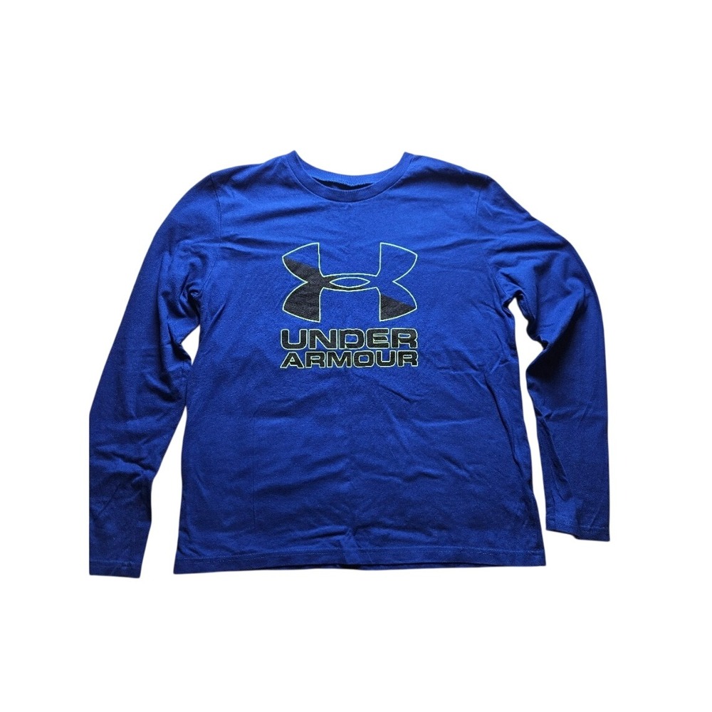 Under Armour Boys YXL Blue HeatGear Long Sleeve Graphic Logo Tee Shirt Loose Fit